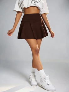 CourtClass CourtClass Women's Solid Color Minimalist Athletic Daily Soft Sports Skort Gym Running Brown Summer Gym Running Golf Gym - Brown - View 5