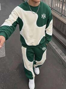 SHEIN Coolqubz 青少年男孩 2件組字母圖案抽象波浪拼色運動衫與運動長褲套裝，休閒運動服，秋季穿搭，秋季服飾，秋季風格 - 綠色 - 查看 1