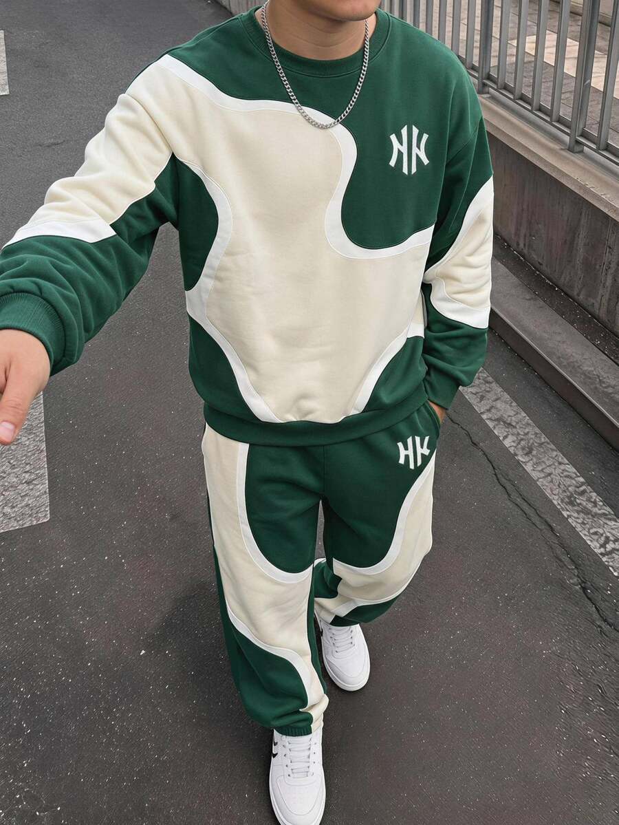 SHEIN Coolqubz 青少年男孩 2件組字母圖案抽象波浪拼色運動衫與運動長褲套裝,休閒運動服,秋季穿搭,秋季服飾,秋季風格 - 綠色 - 查看 1