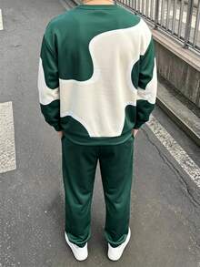 SHEIN Coolqubz 青少年男孩 2件組字母圖案抽象波浪拼色運動衫與運動長褲套裝，休閒運動服，秋季穿搭，秋季服飾，秋季風格 - 綠色 - 查看 2