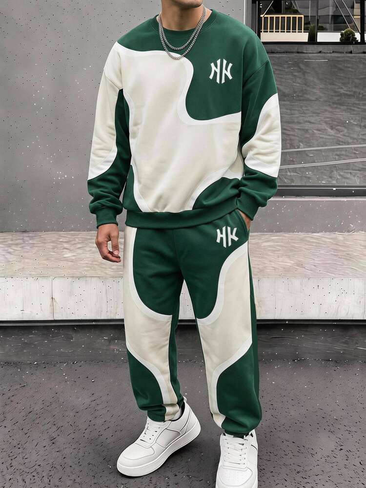 SHEIN Coolqubz 2pcs Teen Boy Fashion White Sweatshirt & Dark Green Pants Set, Green Graphic Print On Chest, Cool Street Style, Soft Comfortable Fabric, Easy To Wear, Suitable For Spring And Autumn, School, Outings, Must-Have For Boys - Green - View 4