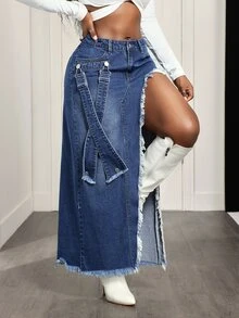 Slaydiva Women's Casual Denim Skirt With Pockets, Side Slit Hem And Frayed Edge - Medium Wash - View 5