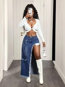 Slaydiva Women's Casual Denim Skirt With Pockets, Side Slit Hem And Frayed Edge - Medium Wash - View 6