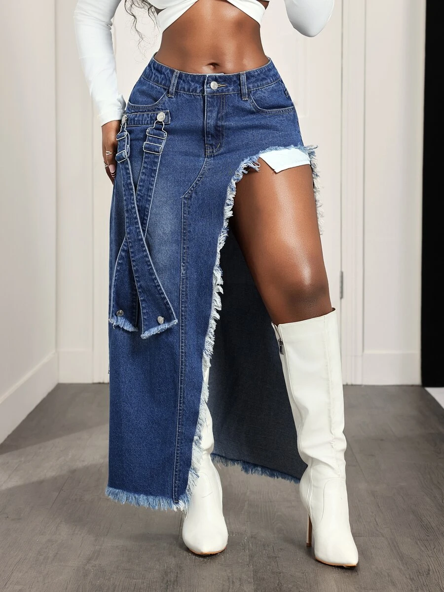 Slaydiva Women's Casual Denim Skirt With Pockets, Side Slit Hem And Frayed Edge - Medium Wash - View 1