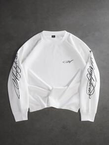 SLATEMANN Men's Letter Print Raglan Long Sleeve Crew Neck Casual T-Shirt - White - View 1