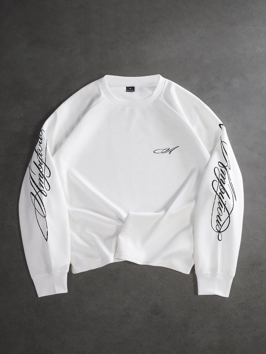 SLATEMANN Men's Letter Print Raglan Long Sleeve Crew Neck Casual T-Shirt - White - View 1