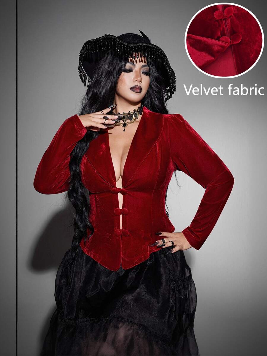 Whyspr Spring/Autumn/Winter Red Button Velvet Fabric High-End Romantic Sexy Elegant Exquisite Fashion Design Niche Design Deep V-Neck New Must-Have Daily Wear Plus Size Women's Jacket Halloween Gothic Style