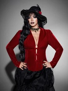 Whyspr Spring/Autumn/Winter Red Button Velvet Fabric High-End Romantic Sexy Elegant Exquisite Fashion Design Niche Design Deep V-Neck New Must-Have Daily Wear Plus Size Women's Jacket Halloween Gothic Style - Red - View 3