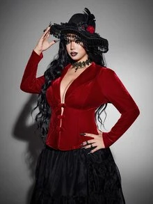 Whyspr Spring/Autumn/Winter Red Button Velvet Fabric High-End Romantic Sexy Elegant Exquisite Fashion Design Niche Design Deep V-Neck New Must-Have Daily Wear Plus Size Women's Jacket Halloween Gothic Style - Red - View 5