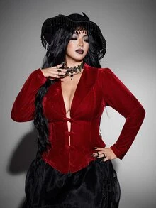 Whyspr Spring/Autumn/Winter Red Button Velvet Fabric High-End Romantic Sexy Elegant Exquisite Fashion Design Niche Design Deep V-Neck New Must-Have Daily Wear Plus Size Women's Jacket Halloween Gothic Style - Red - View 10