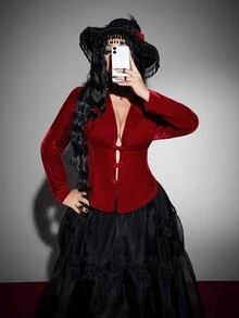 Whyspr Spring/Autumn/Winter Red Button Velvet Fabric High-End Romantic Sexy Elegant Exquisite Fashion Design Niche Design Deep V-Neck New Must-Have Daily Wear Plus Size Women's Jacket Halloween Gothic Style - Red - View 7