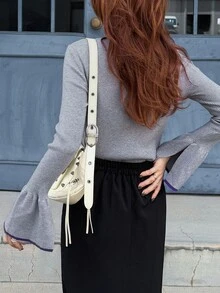 FRIFUL Women's Autumn Contrast Color Ribbed Bell Sleeve Sweater - Grey - View 2