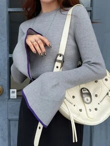 FRIFUL Women's Autumn Contrast Color Ribbed Bell Sleeve Sweater - Grey - View 7
