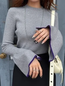 FRIFUL Women's Autumn Contrast Color Ribbed Bell Sleeve Sweater - Grey - View 6