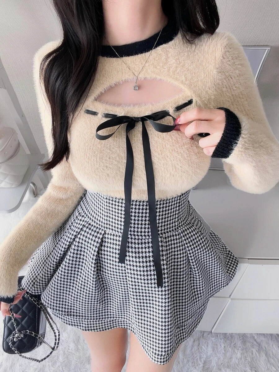 FRIFUL Women's Autumn Hollow Out Contrast Color Lace-Up Bow Knot Sweater - Apricot - View 1