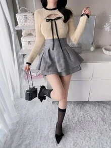 FRIFUL Women's Autumn Hollow Out Contrast Color Lace-Up Bow Knot Sweater - Apricot - View 3