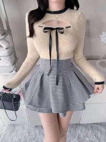 FRIFUL Women's Autumn Hollow Out Contrast Color Lace-Up Bow Knot Sweater - Apricot - View 6