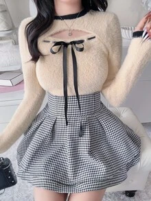 FRIFUL Women's Autumn Hollow Out Contrast Color Lace-Up Bow Knot Sweater - Apricot - View 5