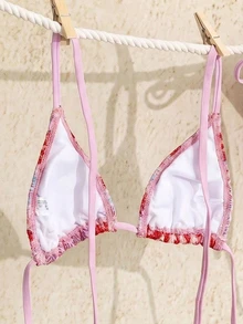Sunnyshic 夏季性感熱帶掛脖綁帶比基尼套裝 女款 小胸顯瘦修身 淺藍色提花面料 三角比基尼 海灘派對度假款 - 粉色 - 查看 4