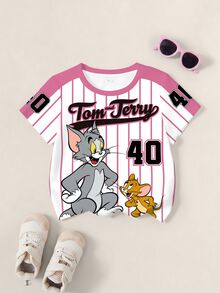 TOM & JERRY X SHEIN 女童夏季休閒拼色條紋卡通印花T恤 - 白色 - 查看 1