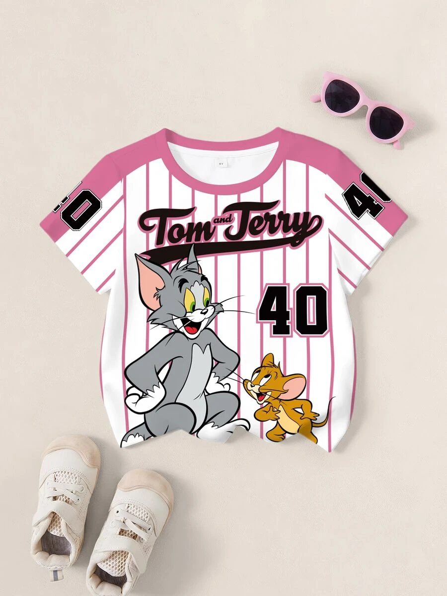 TOM & JERRY X SHEIN 女童夏季休閒拼色條紋卡通印花T恤 - 白色 - 查看 1