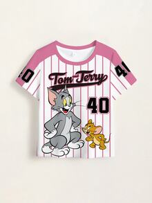 TOM & JERRY X SHEIN 女童夏季休閒拼色條紋卡通印花T恤 - 白色 - 查看 7