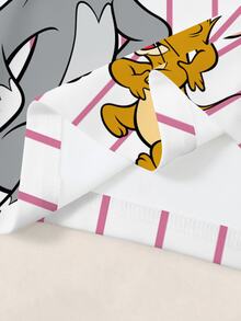 TOM & JERRY X SHEIN 女童夏季休閒拼色條紋卡通印花T恤 - 白色 - 查看 5