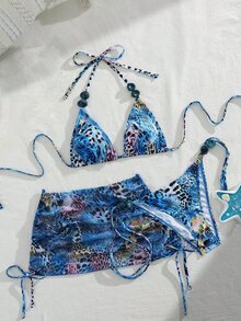 SHEIN Swim 3件套性感豹纹露背吊带三角比基尼套装，配豹纹网纱抽绳迷你裙，夏季度假 - 彩色 - 查看 5
