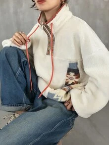 FRIFUL Women's Autumn Colorblock Stand Collar Drawstring Fleece Sweatshirt Winter - Beige - View 7