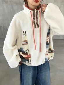 FRIFUL Women's Autumn Colorblock Stand Collar Drawstring Fleece Sweatshirt Winter - Beige - View 3