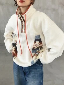 FRIFUL Women's Autumn Colorblock Stand Collar Drawstring Fleece Sweatshirt Winter - Beige - View 1
