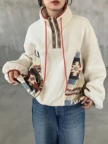 FRIFUL Women's Autumn Colorblock Stand Collar Drawstring Fleece Sweatshirt Winter - Beige - View 5