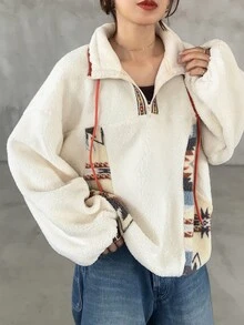 FRIFUL Women's Autumn Colorblock Stand Collar Drawstring Fleece Sweatshirt Winter - Beige - View 8