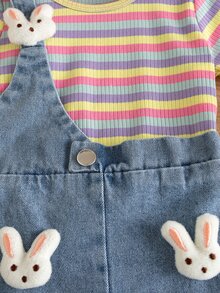 SHEIN 2件/套 嬰兒女童夏季休閒可愛家庭套裝 藍黃條紋T恤牛仔吊帶短褲 3D兔子裝飾 復活節風格服飾 - 彩色 - 查看 9