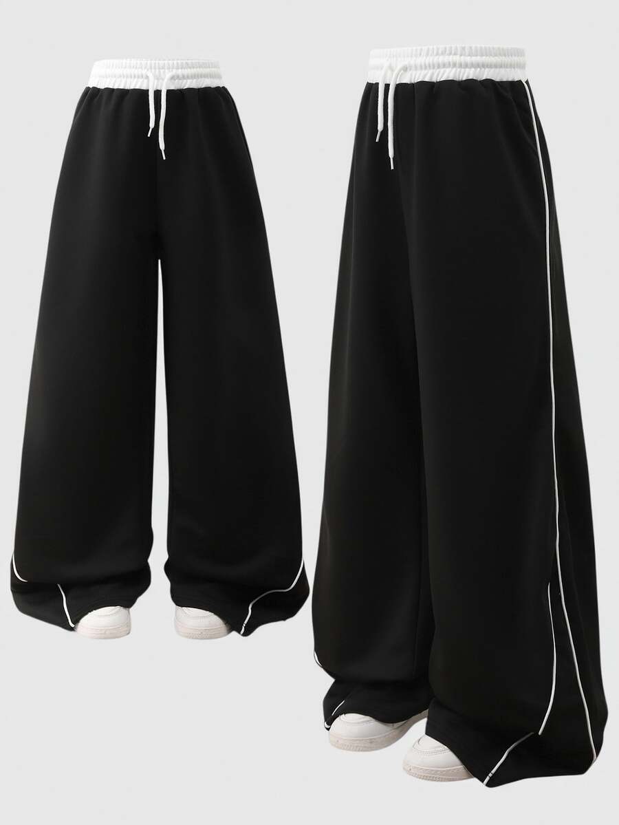 SHEIN Sparklyn Celana Training Mini Hitam Kaki Lebar Barrel untuk Remaja Perempuan, Gaya Halloween Musim Gugur, Outfit Musim Gugur