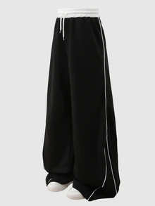 SHEIN Sparklyn Teen Girl Wide Leg Barrel Leg Mini Black Sweatpants Halloween Autumn Fall Style Fall Outfits - Black - View 2