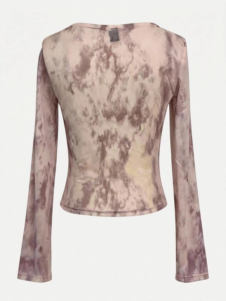 DAZY Summer Autumn Pink Gradient Lace T-Shirt, Wedding Night Out Banquet Slim Fit Elegant Y2k Sheer Mesh Long Sleeve Women's Blouse Graphic Tee - Pink - View 4