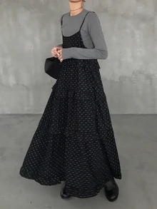 FRIFUL Women's Autumn Polka Dot Spaghetti Strap Frill Trim Dress - Black - View 4