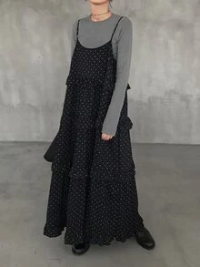 FRIFUL Women's Autumn Polka Dot Spaghetti Strap Frill Trim Dress - Black - View 3