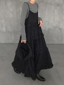 FRIFUL Women's Autumn Polka Dot Spaghetti Strap Frill Trim Dress - Black - View 1