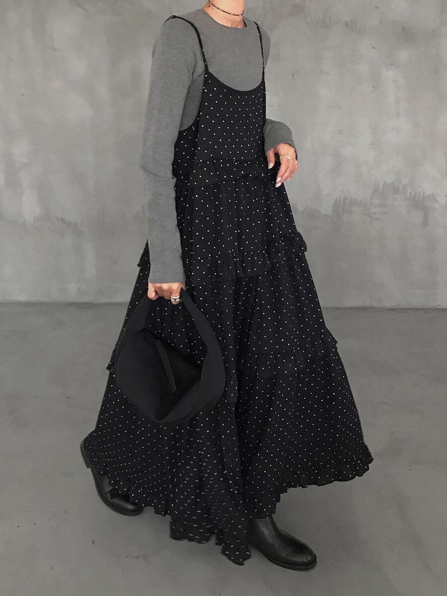FRIFUL Women's Autumn Polka Dot Spaghetti Strap Frill Trim Dress - Black - View 1