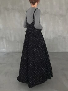 FRIFUL Women's Autumn Polka Dot Spaghetti Strap Frill Trim Dress - Black - View 2