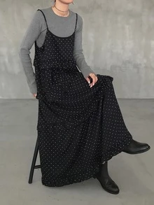 FRIFUL Women's Autumn Polka Dot Spaghetti Strap Frill Trim Dress - Black - View 6