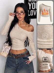 Coolane Women's Fall Warm Basic Minimalist Elegant Casual Streetwear Beige Slim Fit Ruched Waist Asymmetrical Neck Long Sleeve Knit T-Shirt - Apricot - View 7