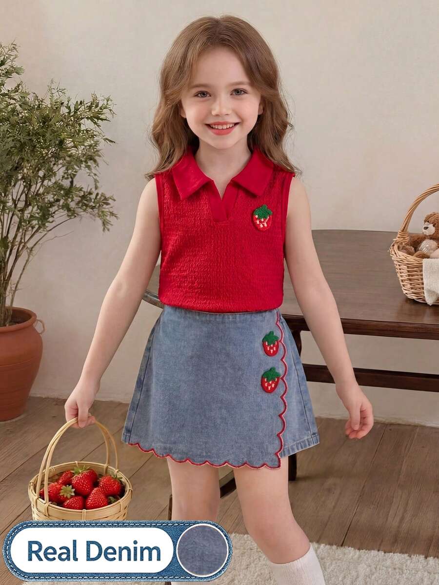 Elladie kids 2件套女童夏季新款杏色纹理针织面料领口拼接草莓装饰背心上衣和牛仔裙裤荷叶边草莓刺绣复古可爱套装