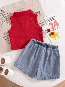 Elladie kids 2件套女童夏季新款杏色纹理针织面料领口拼接草莓装饰背心上衣和牛仔裙裤荷叶边草莓刺绣复古可爱套装 - 彩色 - 查看 3