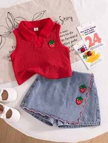 Elladie kids 2件套女童夏季新款杏色纹理针织面料领口拼接草莓装饰背心上衣和牛仔裙裤荷叶边草莓刺绣复古可爱套装 - 彩色 - 查看 4