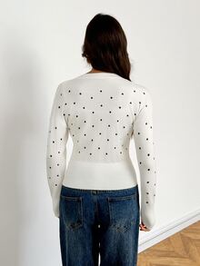 SHEIN Tall Women's Polka Dot Single-Breasted Long Sleeve Casual Knit Cardigan - White - View 7