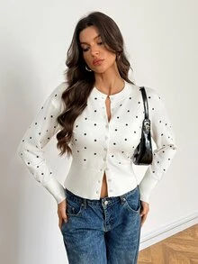 SHEIN Tall Women's Polka Dot Single-Breasted Long Sleeve Casual Knit Cardigan - White - View 8