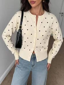 SHEIN Tall Women's Polka Dot Single-Breasted Long Sleeve Casual Knit Cardigan - White - View 3